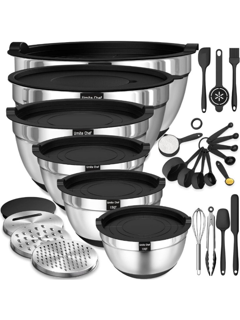 26-Piece Heavy-Duty Stainless Steel Mixing Bowl Set with Lids & Grater, Non-Slip